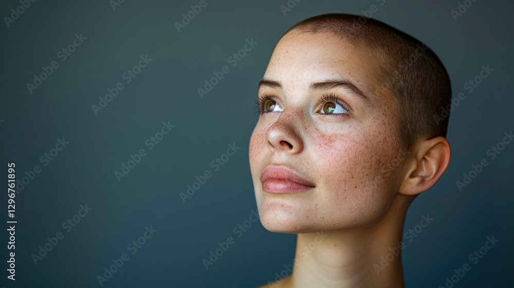 Fototapeta premium Girl model with very short haircut, no hair, bald - posing on dark gray background. Head of young woman close-up, face covered with freckles. Moment of serene beauty frozen in time. Copy space.