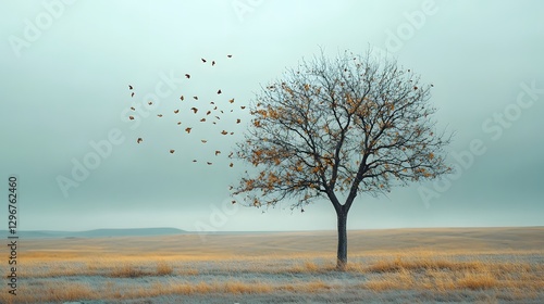 Tree Shedding Leaves in a Blurred Landscape