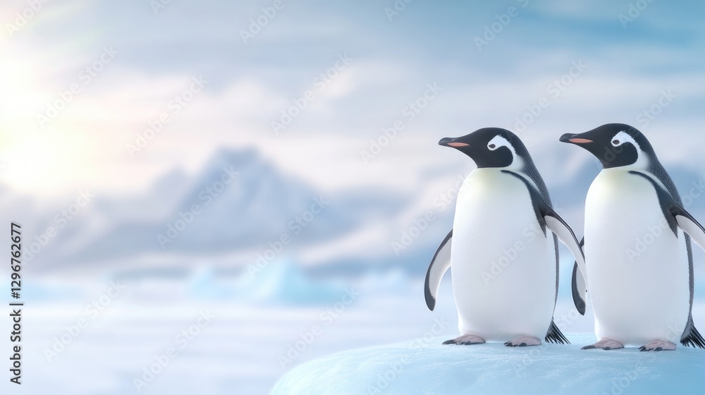 Naklejka premium Dwa pingwiny stoją na lodowym terenie i patrzą w stronę odległych gór