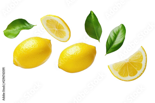 Wallpaper Mural Flying lemon fruits with green leaves, isolated background Torontodigital.ca