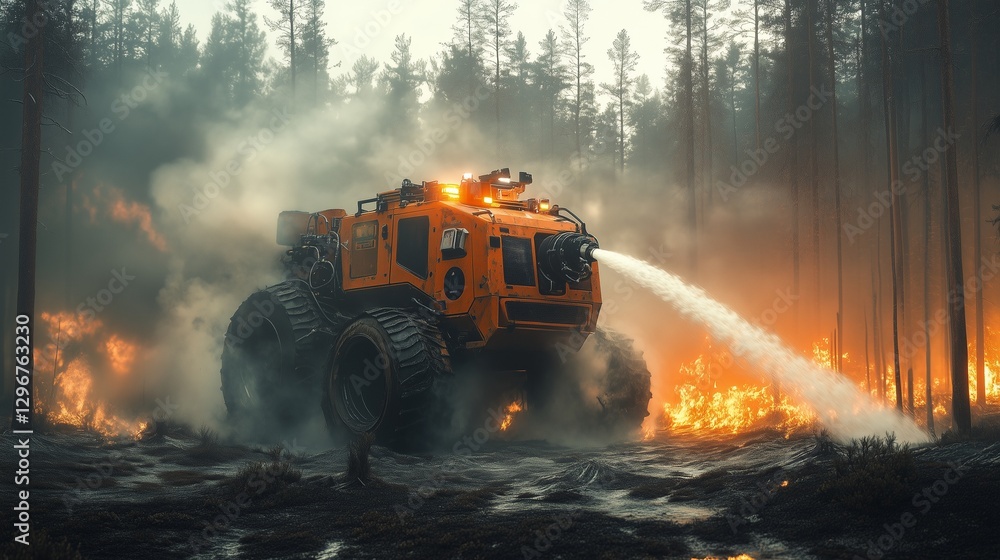 An autonomous fire-fighting robot equipped with advanced sensors and water cannons, navigating through a smoky forest An autonomous fire-fighting robot equipped with advanced sensors and water cannons, navigating through a smoky forest