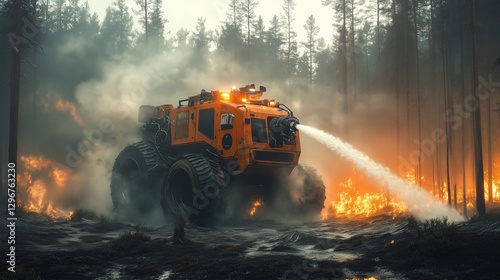 An autonomous fire-fighting robot equipped with advanced sensors and water cannons, navigating through a smoky forest