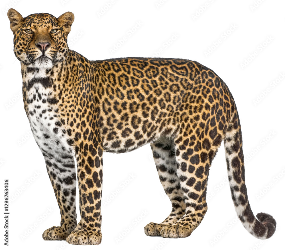 Fototapeta premium Full body view of a majestic leopard standing against a transparent background, showcasing its distinctive spotted coat