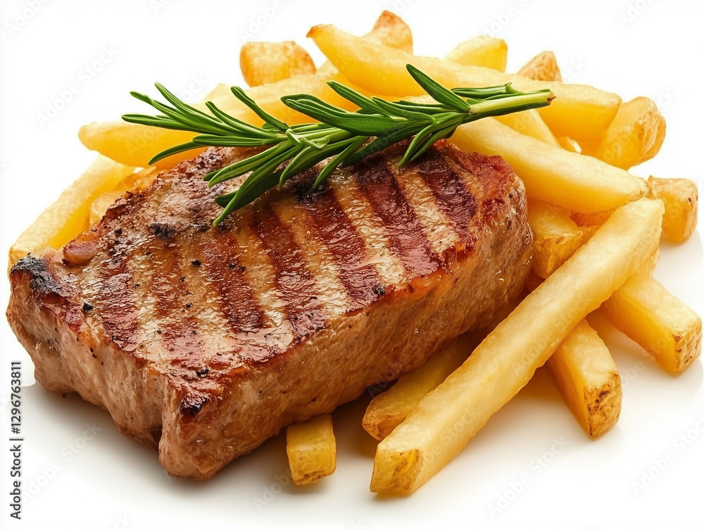 Grilled pork steak with french fries and rosemary on white background Grilled pork steak with french fries and rosemary on white background