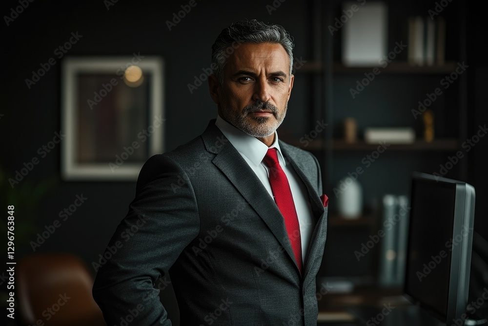 Confident mature businessman in a dark suit and red tie, standing in a modern office. Confident mature businessman in a dark suit and red tie, standing in a modern office.