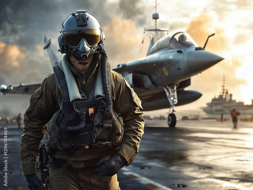 Military pilot walking on aircraft carrier near a fighter jet Military pilot walking on aircraft carrier near a fighter jet