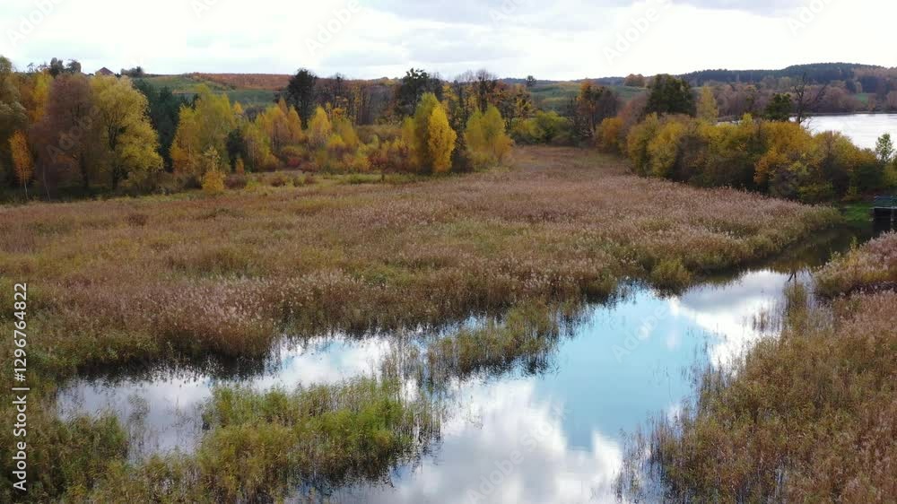 Aerial landscape of autumn lakes and forests in the Kociewie region, Poland.