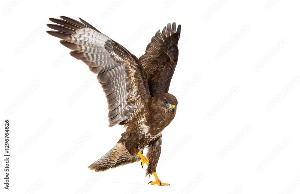 Obraz premium Common buzzard landing or take off wings spread, Buteo buteo; isolated on white
