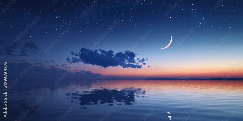 A serene night sky with stars and a crescent moon, reflecting on calm waters, symbolizing the beauty of Ramadan. A serene night sky with stars and a crescent moon, reflecting on calm waters, symbolizing the beauty of Ramadan.