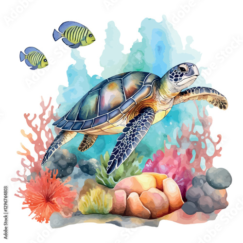 Cute Sea Turtle Illustration Vector Watercolor Clipart Design