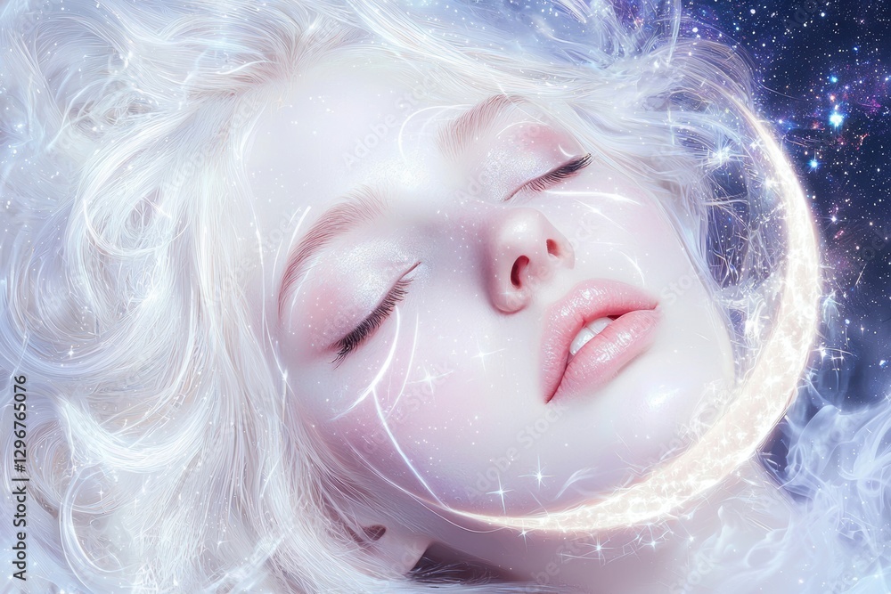 A moon goddess portrait with silver highlighter, soft milky skin, and ethereal glowing cosmic energy A moon goddess portrait with silver highlighter, soft milky skin, and ethereal glowing cosmic energy