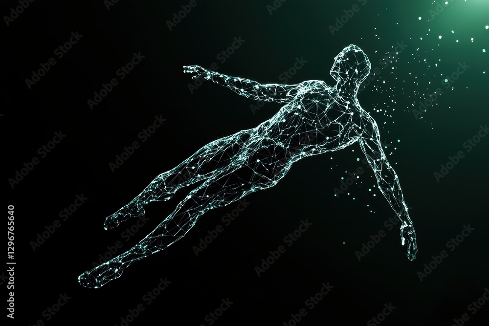 Obraz premium A radiant cybernetic being ascending into a higher dimension, its neon form dissolving into pure luminous consciousness