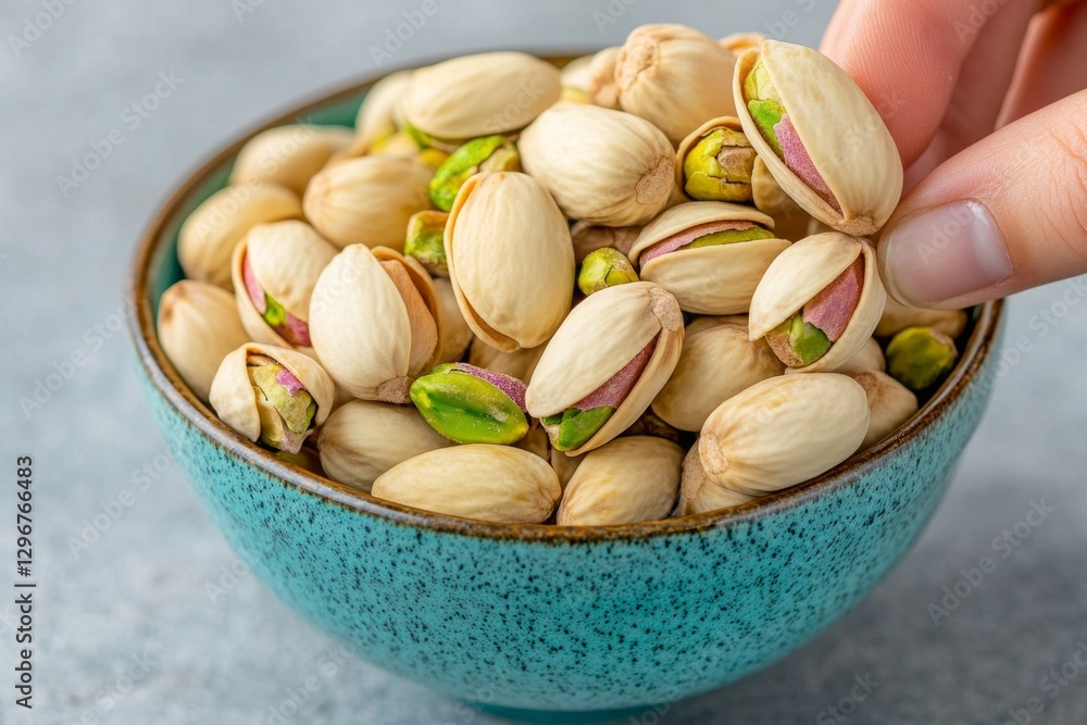 A hand reaching for a handful of pistachios from a bowl A hand reaching for a handful of pistachios from a bowl
