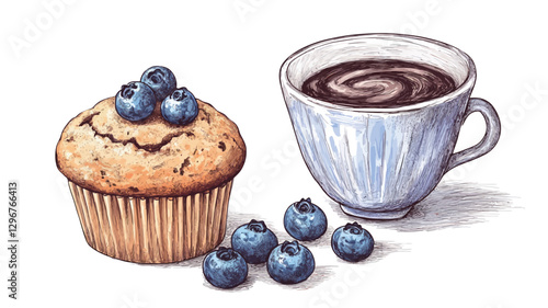A digital illustration depicting a blueberry muffin and a cup of coffee. The muffin is light brown, with visible blueberries on top and scattered around its base.  The coffee is dark brown with a