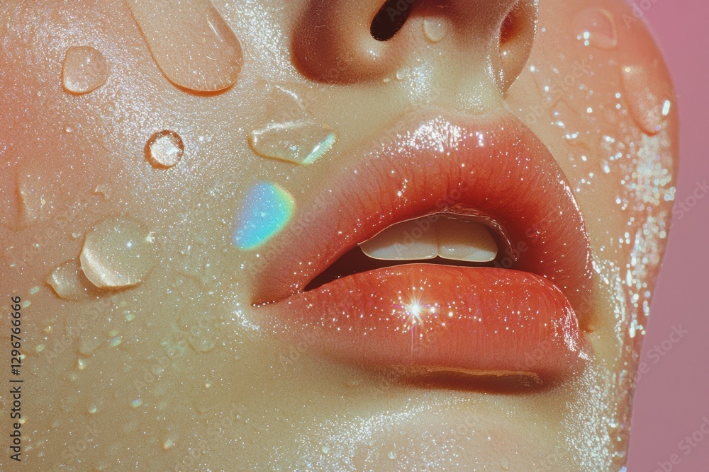 Fototapeta premium A surreal close-up of sparkling dewdrops on luminous skin, reflecting golden light in an ethereal beauty aesthetic