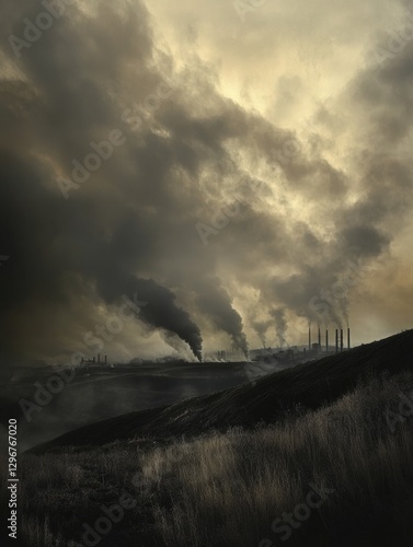 Industrial landscape with dark smoke plumes rising from factories during a cloudy twilight setting. Generative AI photo