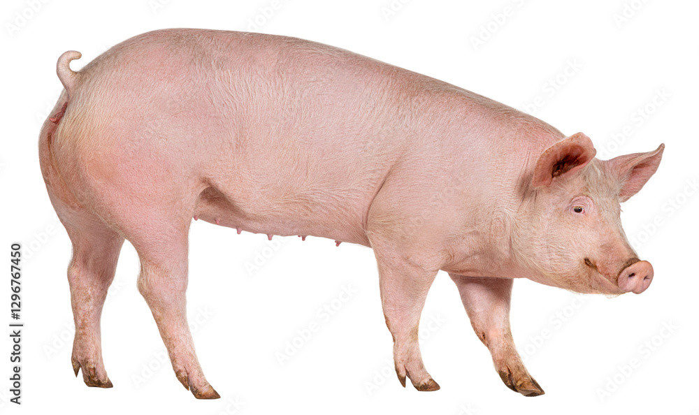 Full body view of a large pig standing, isolated on transparent background Full body view of a large pig standing, isolated on transparent background