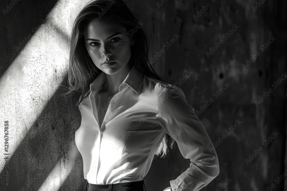 A young woman in a white shirt stands against a textured wall, bathed in dramatic light.