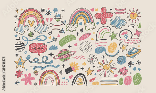 Modern vector-style image featuring playful crayon-like doodles, easily editable.