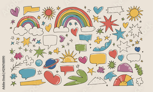 Modern vector-style image featuring playful crayon-like doodles, easily editable.