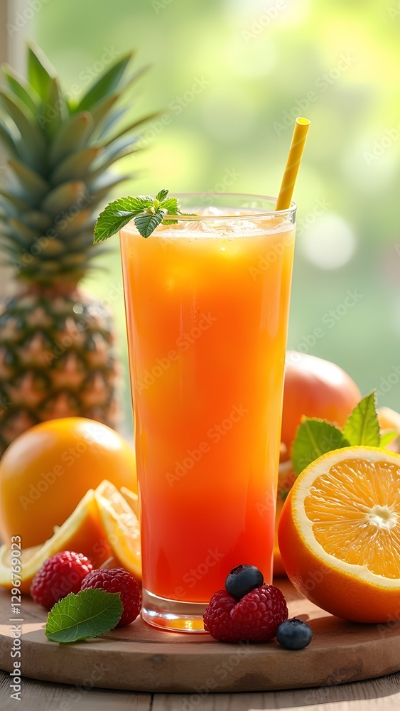 Fototapeta premium fresh fruit juice oranges apples pineapple glass