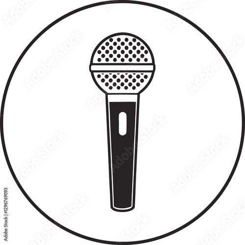 A clean, black and white line art illustration of a microphone.