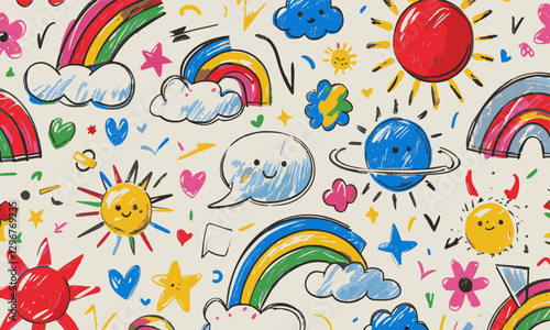 Modern vector-style image featuring playful crayon-like doodles, easily editable.