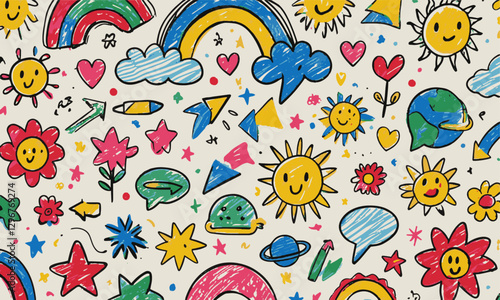 Modern vector-style image featuring playful crayon-like doodles, easily editable.
