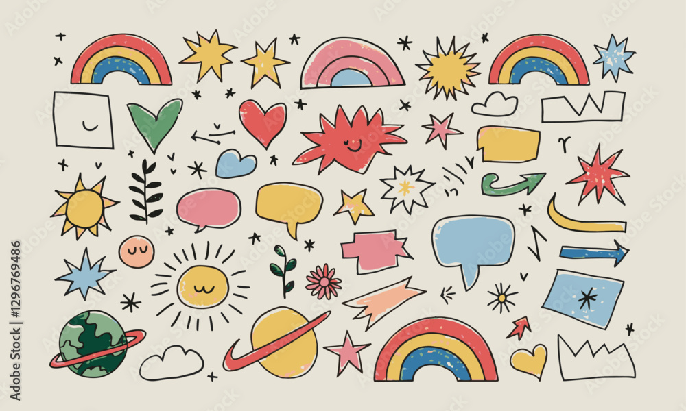 Modern vector-style image featuring playful crayon-like doodles, easily editable. Modern vector-style image featuring playful crayon-like doodles, easily editable.