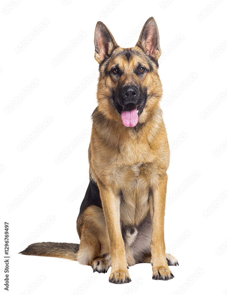 German shepherd dog sitting and panting, isolated on transparent background German shepherd dog sitting and panting, isolated on transparent background