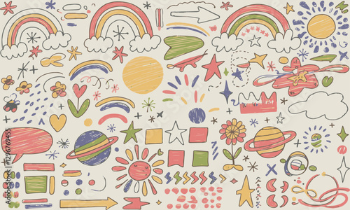 Modern vector-style image featuring playful crayon-like doodles, easily editable.
