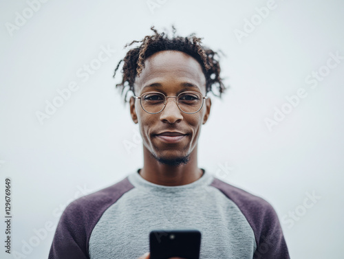 Young man with glasses using smartphone, symbolizing modern digital communication. photo