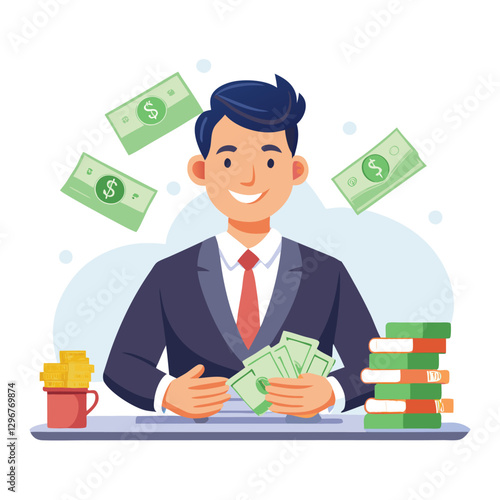 Businessman counts income. Business man sits at the table with wads of cash. Investor holds a lot of money, banknotes in hands. Financial success, wealth. give it on diffrent angel Flat isolated vecto