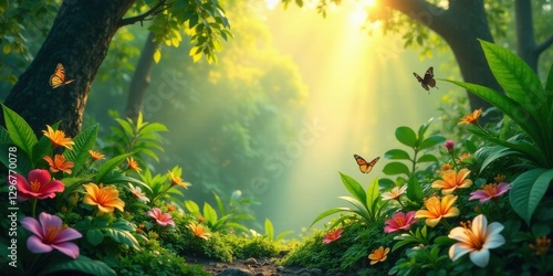 Serene Sunrise in a Lush, Tropical Garden with Vibrant Blossoms and Graceful Butterflies