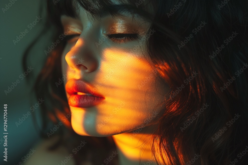 A close-up of a young woman with wavy brown hair, bathed in warm sunset light, creating beautiful shadows on her face. A close-up of a young woman with wavy brown hair, bathed in warm sunset light, creating beautiful shadows on her face.