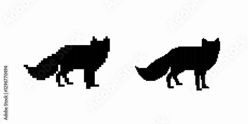 Two black pixelated wolf silhouettes standing in profile, featuring a bushy tail and pointed ears. Designed in a retro game style