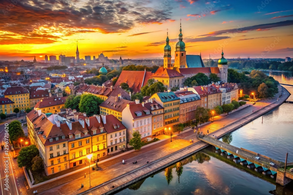 Romantic Aerial View of Historic Warsaw, Poland: Sunset Over the Old Town Romantic Aerial View of Historic Warsaw, Poland: Sunset Over the Old Town