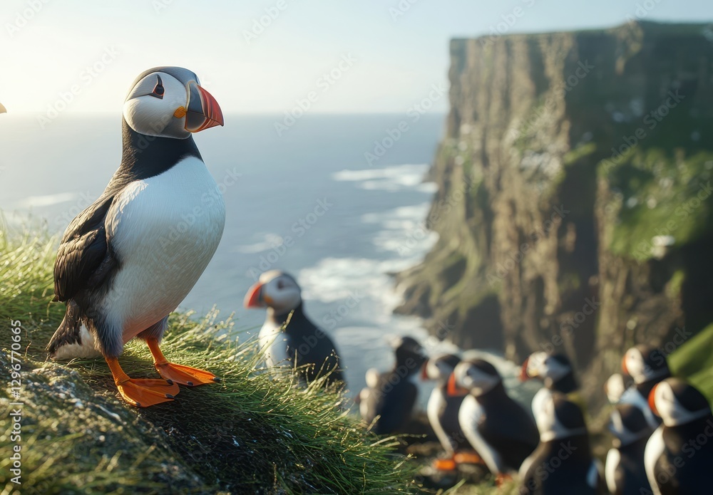 Fototapeta premium Colorful Puffin Bird Standing on Green Grass at Scenic Coastal Cliffs with Ocean in Background Illuminated by Soft Sunlight in a Beautiful Landscape