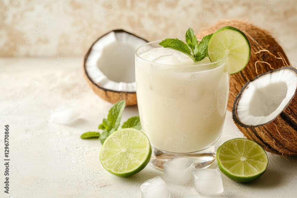 Refreshing coconut lime drink garnished with mint and ice on a sunny afternoon Refreshing coconut lime drink garnished with mint and ice on a sunny afternoon