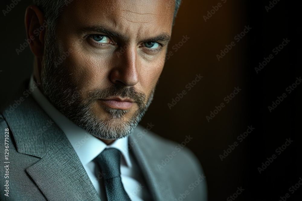 Fototapeta premium A serious, middle-aged man in a grey suit stares intensely into the camera.