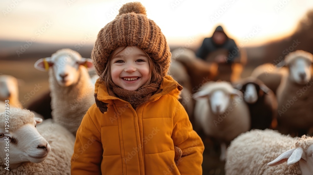 A delightful image of a young child smiling amidst sheep, set against a golden evening light backdrop, evoking a sense of joy, innocence, and connection to nature. A delightful image of a young child smiling amidst sheep, set against a golden evening light backdrop, evoking a sense of joy, innocence, and connection to nature.