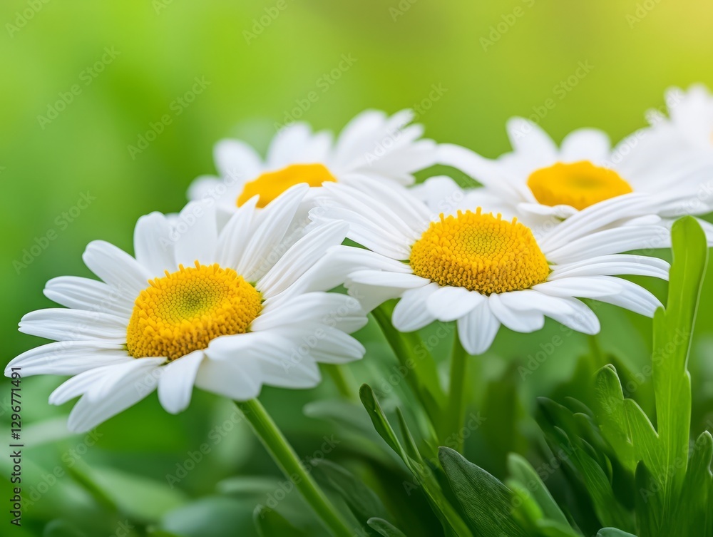 Obraz premium Fresh White Daisies with Bright Yellow Centers Surrounded by Lush Green Background