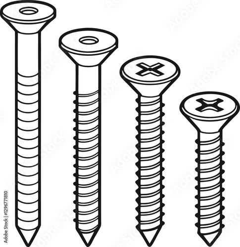 Illustration of Three Different Sizes of Wood Screws