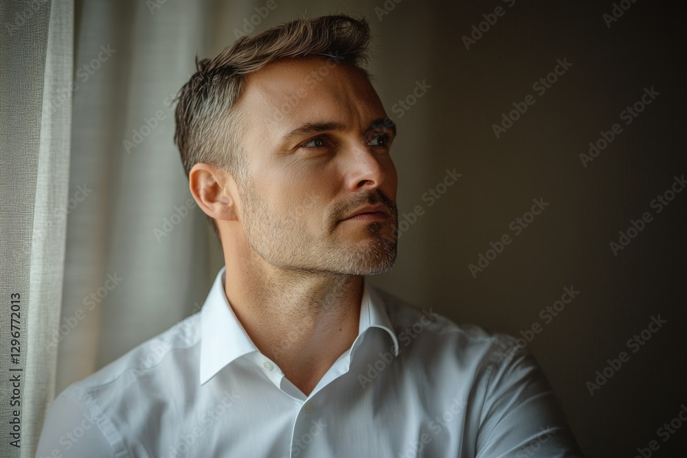 Obraz premium A contemplative man in a white shirt looks thoughtfully out a window, lost in thought.