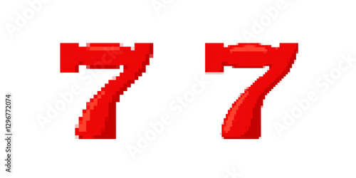 Two pixelated red number sevens with a glossy effect, designed in a bold digital typography style
