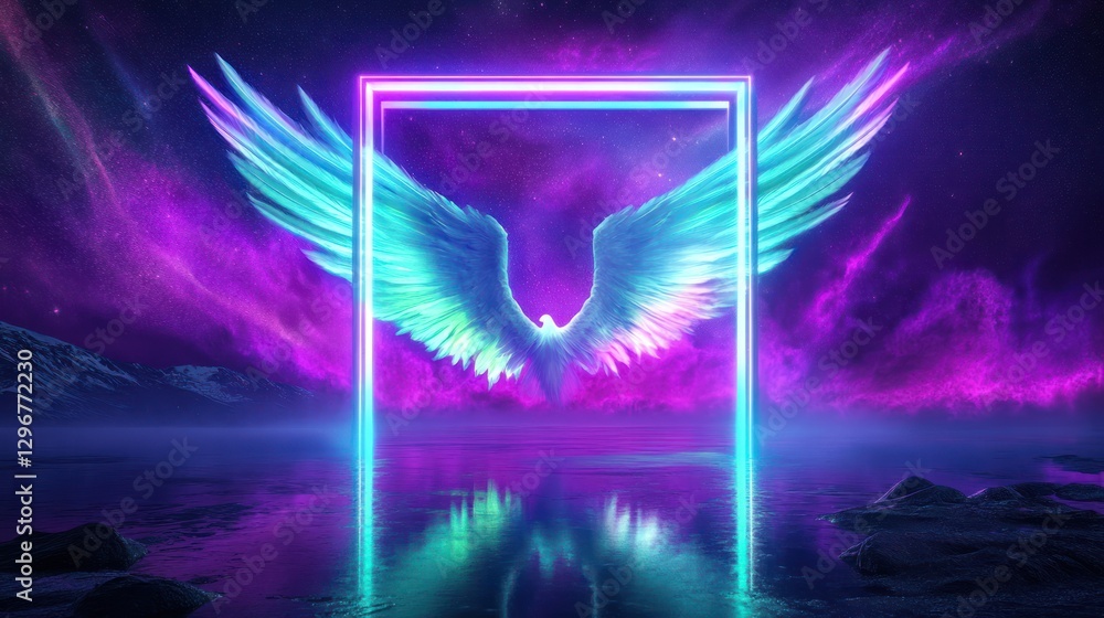 Obraz premium Neon Wings Over Cosmic Lake