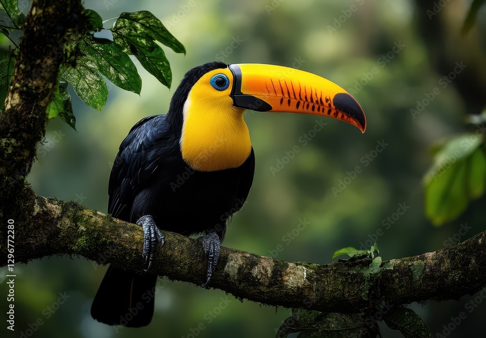 Fototapeta premium Colorful Toucan Perched on a Branch Surrounded by Lush Greenery in a Tropical Forest Setting, Showcase of Avian Beauty and Nature's Splendor
