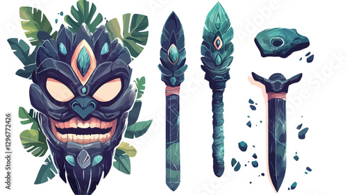 The image contains a digital illustration of a stylized tribal mask, surrounded by tropical leaves.  The mask is dark-colored with teal accents.  Accompanying the mask are several additional