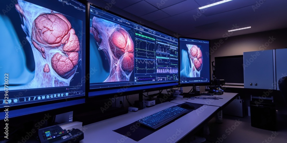 Detailed surgical anatomy displayed on large monitors in an OR Detailed surgical anatomy displayed on large monitors in an OR