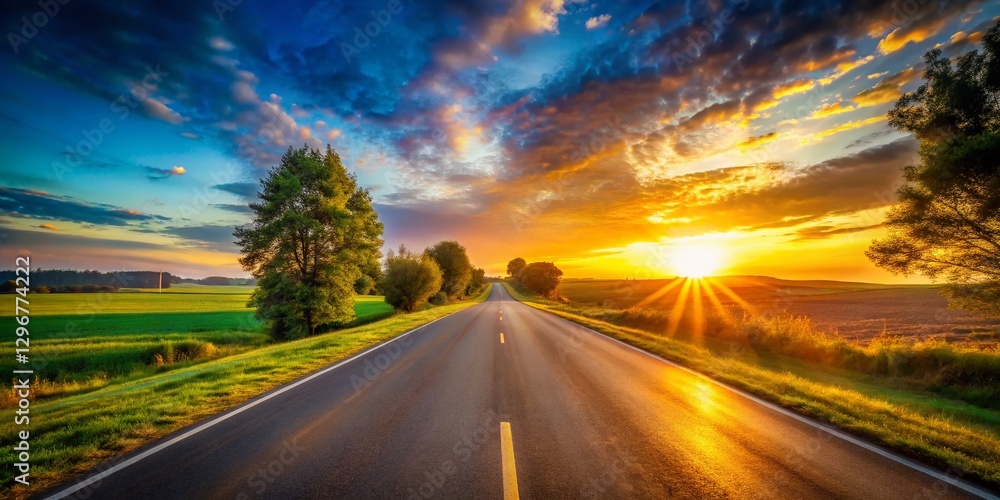 Naklejka premium Rural Sunset Drive: POV Golden Hour Country Road Journey